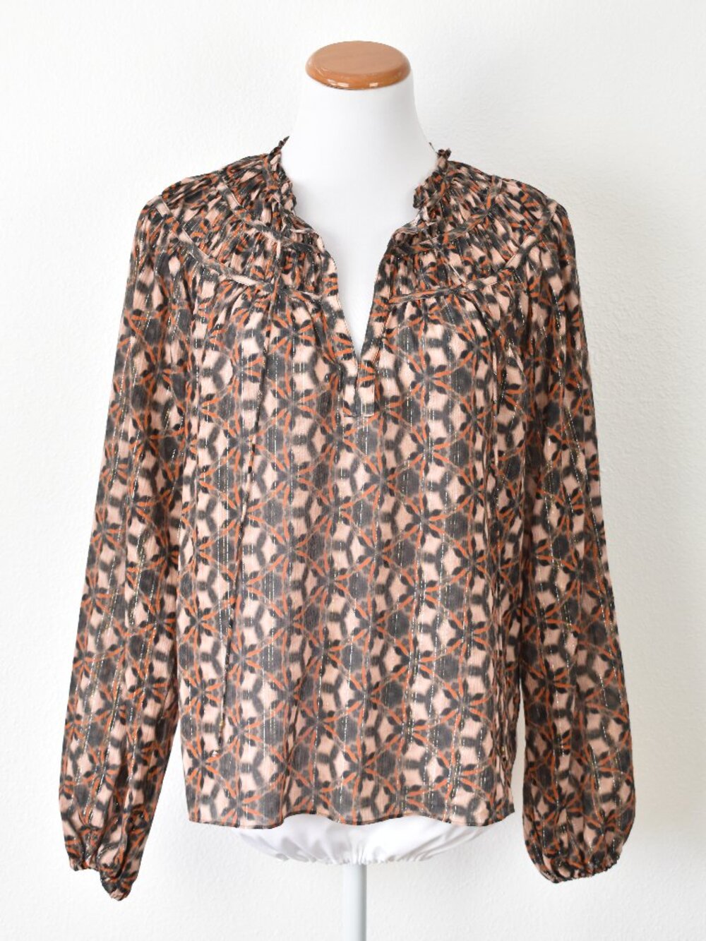 Marie Oliver Silk Printed Boho Peasant Blouse - M